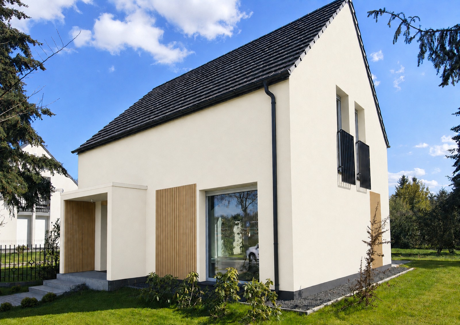 SecHome 100 — dwukondygnacyjny dom prefabrykowany, elewacja frontowa